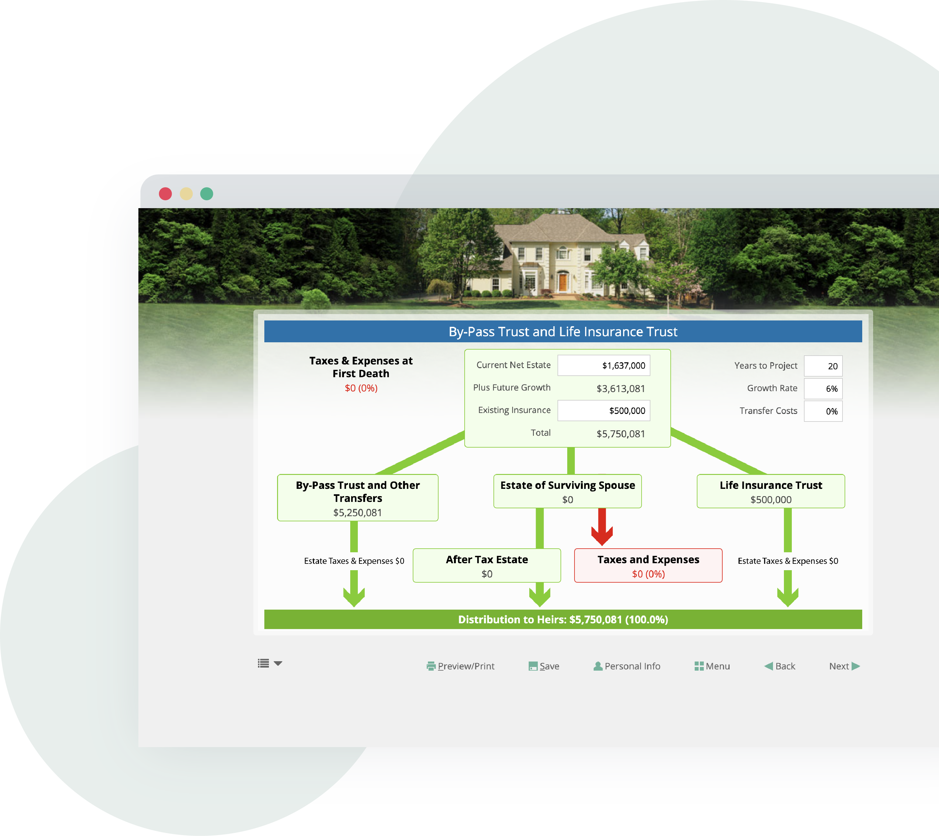 Screen Graphics of Advisor Controls estate planning software