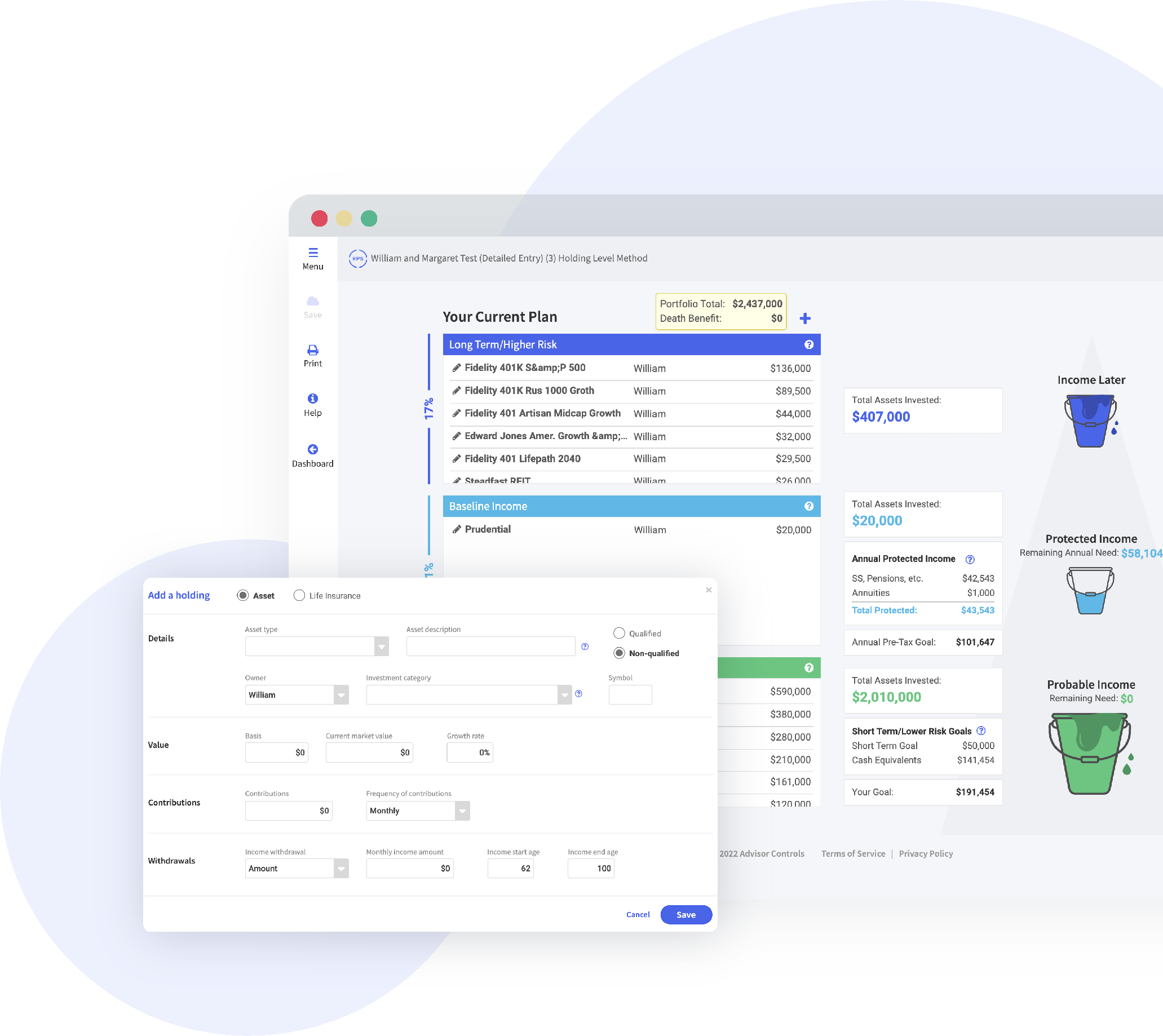 Screen Graphics of Advisor Controls planning software